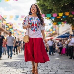 Embroidered Floral White Top Mexican design by Mexican artist, Size Medium